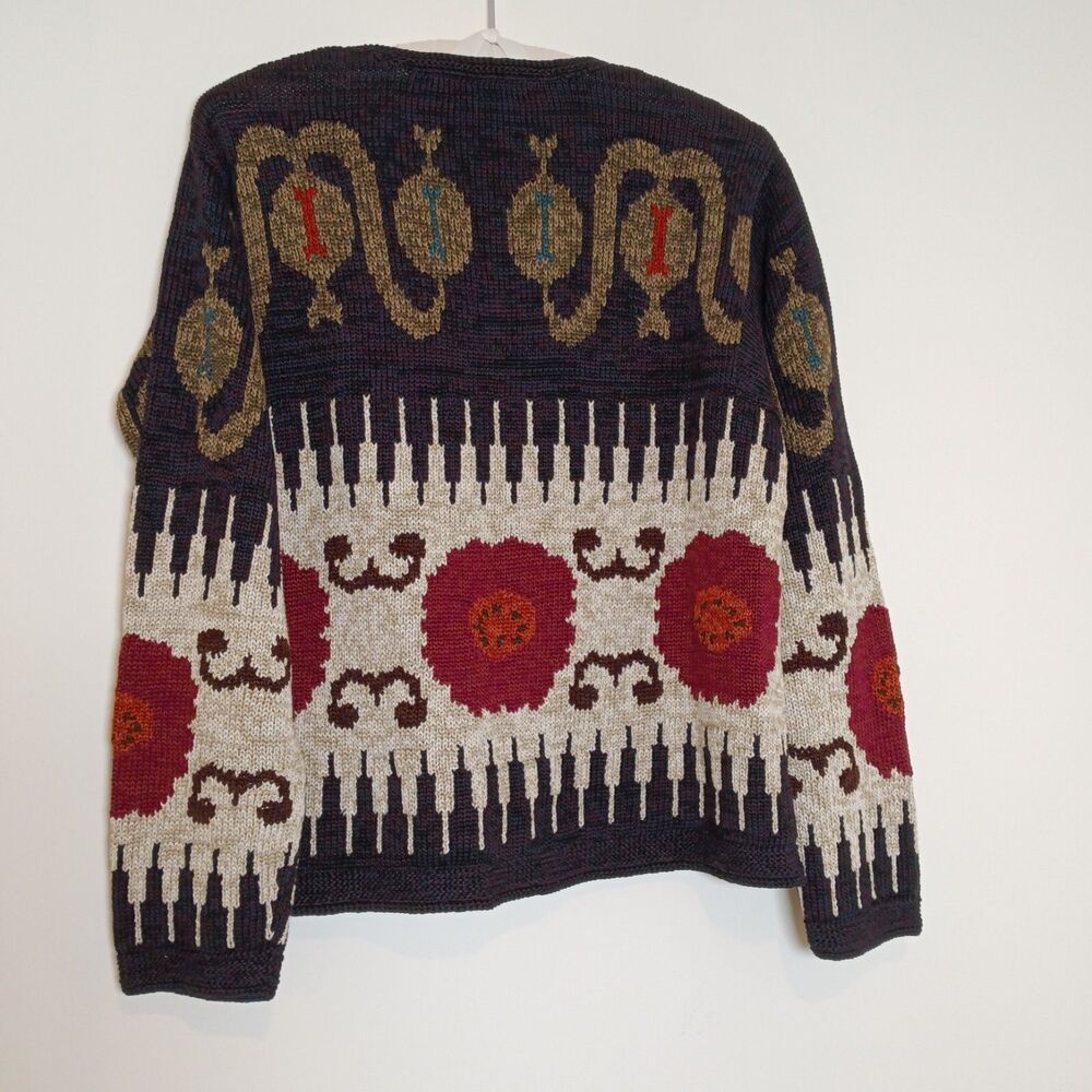 NOS VTG Peruvian Connection Poppies Art-Wear Pima Cotton Cardigan Sweater Sz Lg - Picture 2 of 10